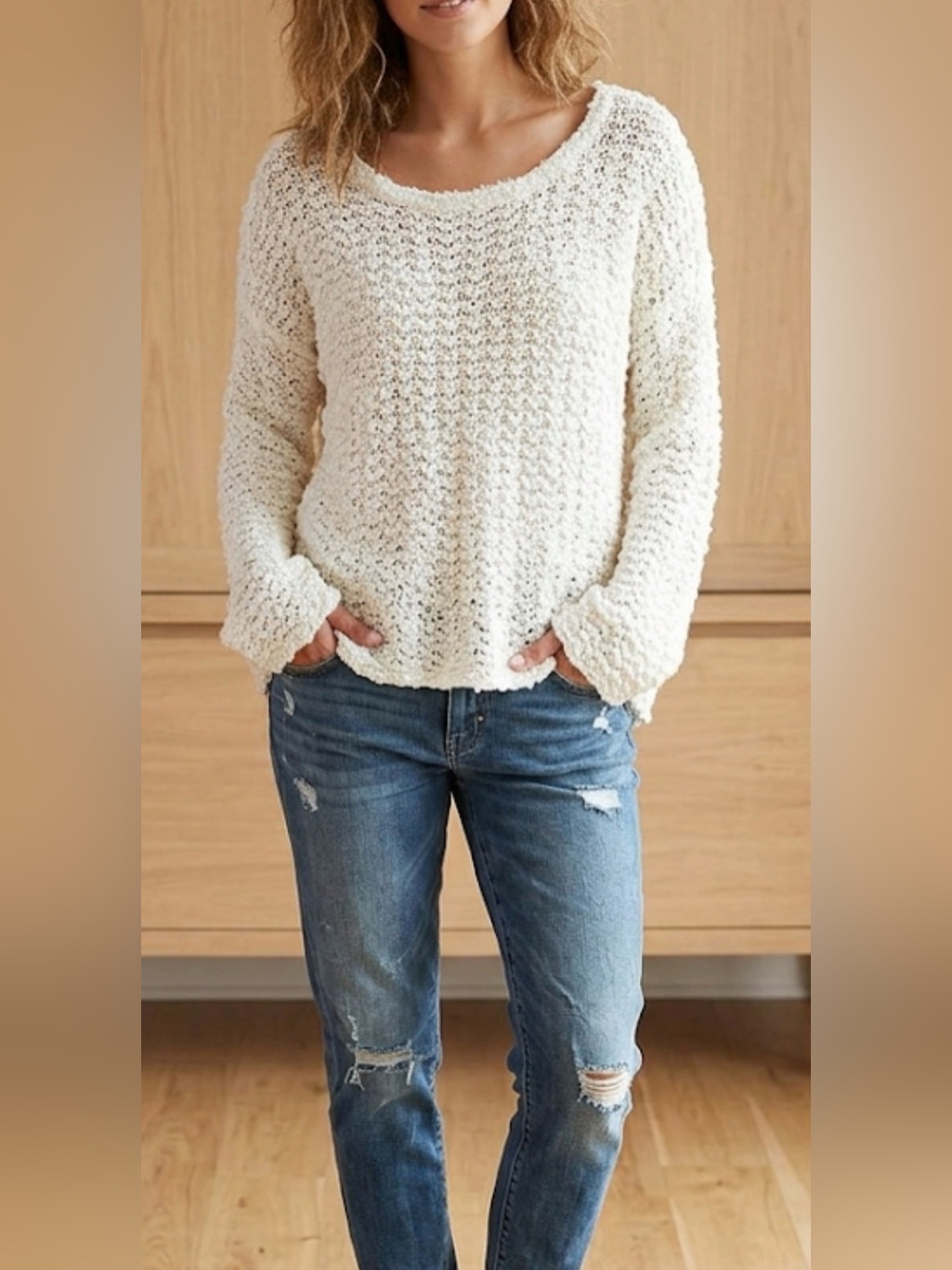 Free People Cream Bell Sleeve Scoop Neck Sweater